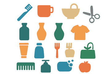 Obraz premium Eco-friendly menstrual products vector cartoon set featuring Zero Waste woman during her period, including reusable pads, cloths, cup, and cotton textile recycle bags with usage, storage, and washing