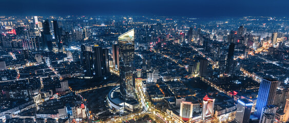 Aerial night view of Henglong and People's Square skyline in Shenyang, Liaoning, China