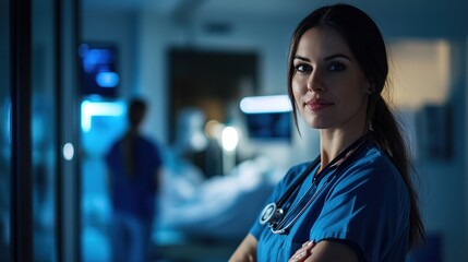 A confident female nurse in blue scrubs stands with arms crossed in a dimly lit hospital room, with medical staff and patient blurred in the background.