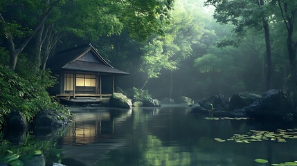 Traditional Japanese building stands near the peaceful lake surrounded by a tranquil forest environment