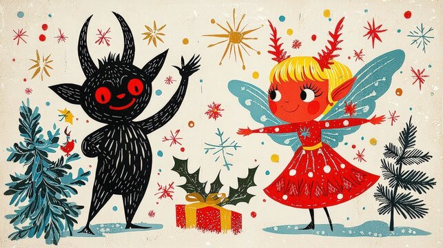 Vintage Christmas card artwork with devil and fairy characters,  theme, vibrant color palette and whimsical seasonal composition.