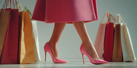 Shopping Spree: Stylish female in pink high heels and skirt strides confidently among colorful shopping bags, epitomizing the thrill of retail therapy and fashion-forward flair.