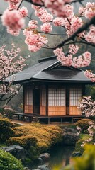 Traditional teahouse features open sliding doors among pink cherry blossoms in a Japanese garden