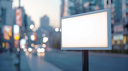A blank white rectangular sign with a cityscape in the background.