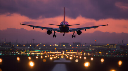 Airplane Landing at Dusk: A Majestic View of Aviation at Twilight