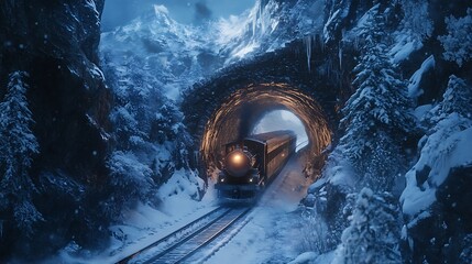 Train emerges from a stone tunnel with snowcovered mountains and trees surrounding it