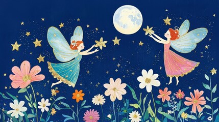 vintage fairies with glittering gold trim, dancing in moonlight among flowers and stars, nostalgic storybook-style artwork.