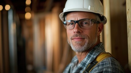 A man wearing a white hard hat and safety glasses, standing in a construction site with wooden beams and scaffolding in the background.