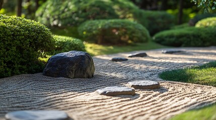 Tranquil zen garden exhibits raked gravel, dark stones, rounded shrubbery, and verdant green grass