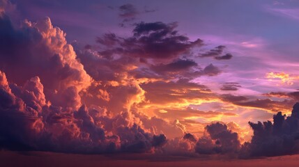 Fototapeta premium The golden sunset shrouds the tranquil landscape, the warm light passes through the clouds, and the colors of orange and purple blend together