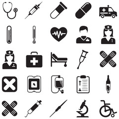 Fototapeta premium Medical icon set featuring ambulance, stethoscope, nurse, syringe and first aid kit