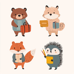 Adorable group of woodland animals including bear, squirrel, fox and hedgehog holding backpacks, notebooks and pencils, drawn in bold childlike style, ideal for nursery decor, printables and kids pack