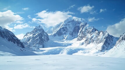 A majestic snow-covered mountain range with jagged peaks and a clear blue sky in the background.