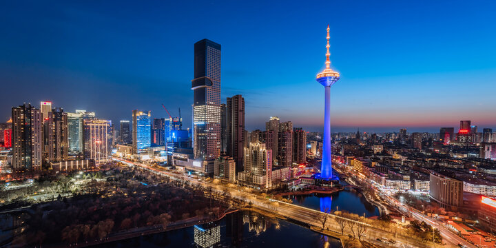 High angle night View of city skyline and TV Tower in shenyang, Liaoning, China