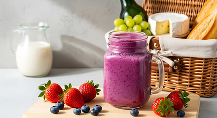 Vibrant Berry Smoothie with Fresh Fruits and Picnic Basket