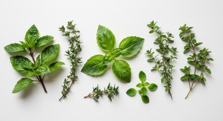 Fresh Green Herb Leaves Collection Assorted Basil Thyme Oregano and Mint on White Background