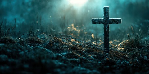 Naklejka premium Cross surrounded by mist and frost in a tranquil landscape at dawn creating an eerie yet peaceful atmosphere