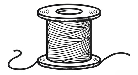 Hand-drawn spool of thread;  vintage style illustration;  black and white;  isolated on white background;  simple design;  clean lines;  craft supplies;  sewing concept;  vector graphic.
