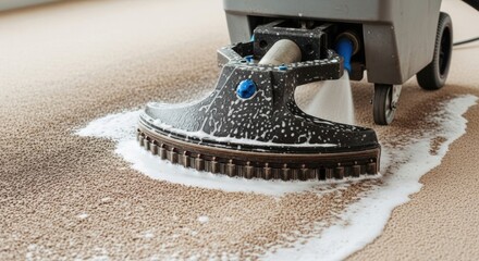 Industrial carpet cleaning machine in action: deep cleaning process with foam