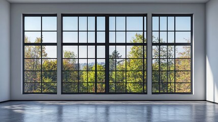 A large, empty room with a white wall and a large window that overlooks a lush, green forest.
