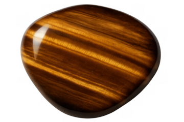 Polished tiger eye gemstone reflecting light, isolated on transparent background, showcasing its chatoyancy and warm golden brown hues