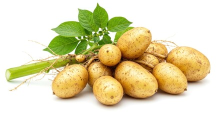 Fresh Potatoes with Green Leaves on White Background