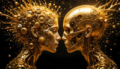 Golden humanoids face to face with intricate mechanical details and dark background in a close up view
