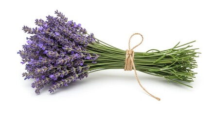 Fresh Purple Lavender Bouquet Tied with Twine on White Background