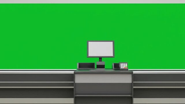 Store checkout lane with green backdrop