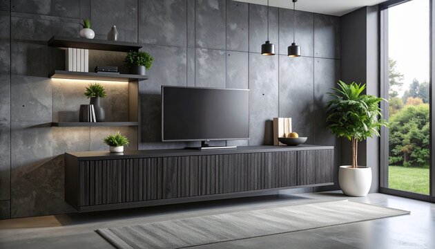Cantilevered media storage linear grooves textured charcoal surface magnetic closure system polished concrete accent wall