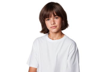 Portrait of a young boy with a sad expression, looking directly at the camera, isolated on white background