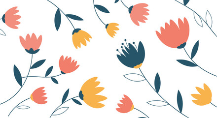 Beautiful Coral Orange and Yellow Flowers with Dark Blue Accents on a White Background in a Repeating Pattern Design