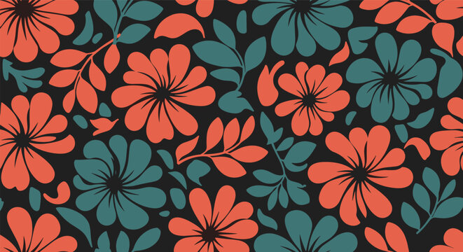 A Vibrant Floral Pattern Featuring Orange and Teal Daisy-like Flowers Scattered Across a Black Background