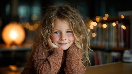 A smiling child immersed in a book, surrounded by warmth and wonder, capturing the joy of learning.