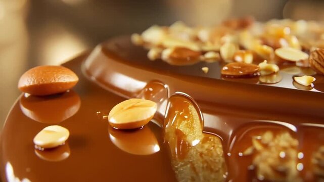 A close-up of decadent caramel dessert topped with nuts.