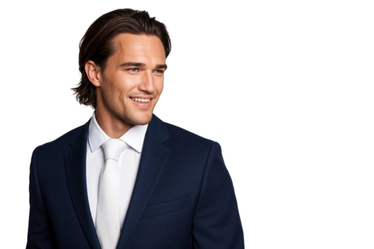 Studio portrait of a handsome businessman in a navy suit and white tie, smiling confidently and looking to the side