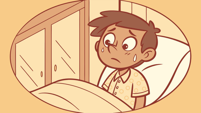 Anxious Little Boy Waking Up Scared from a Nightmare, Sweating in Bed – Cartoon Illustration Depicting Childhood Fear and Sleep Disturbances