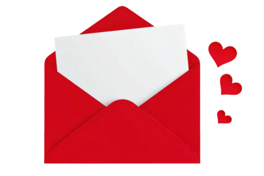 Red open envelope with blank white card and hearts for Valentines Day or love messages Isolated on transparent background