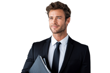 Confident businessman in a black suit and tie, holding a folder and looking up with a thoughtful, optimistic expression