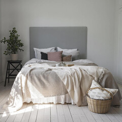 Modern luxury bedroom interior in minimal scandinavian style, 3d render