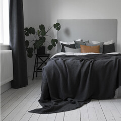 Modern luxury bedroom interior in minimal scandinavian style, 3d render