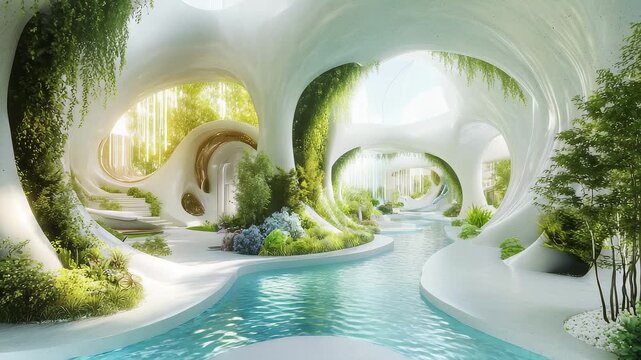 Futuristic Eco-Architecture with Serene Waterways