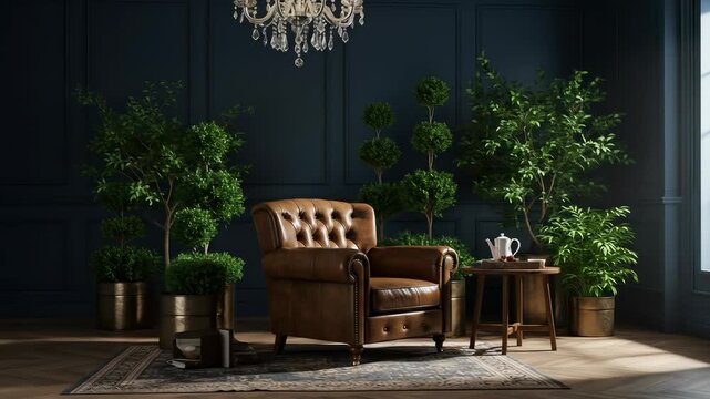 Elegant armchair retreat: Brown leather armchair graces a classic blue paneled room filled with lush greenery and ambient light, creating a peaceful and inviting ambiance.