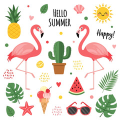 Adobe illustrator vector artwork of seamless flamingo and summer elements, including a sun, ice cream, pineapple, watermelon, and tropical leaves. Perfect for cheerful seasonal and tropical designs