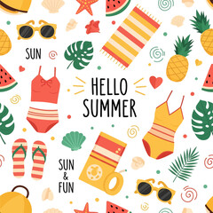 Adobe illustrator vector artwork set of seamless summer and beach essentials, including pineapple, watermelon, swimwear, sunglasses, and flip-flops, with Hello Summer text. Perfect for tropical