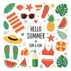 Adobe illustrator vector artwork set of seamless summer and beach essentials, including pineapple, watermelon, swimwear, sunglasses, and flip-flops, with Hello Summer text. Perfect for tropical