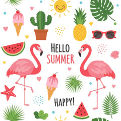 Adobe illustrator vector artwork of seamless flamingo and summer elements, including a sun, ice cream, pineapple, watermelon, and tropical leaves. Perfect for cheerful seasonal and tropical designs