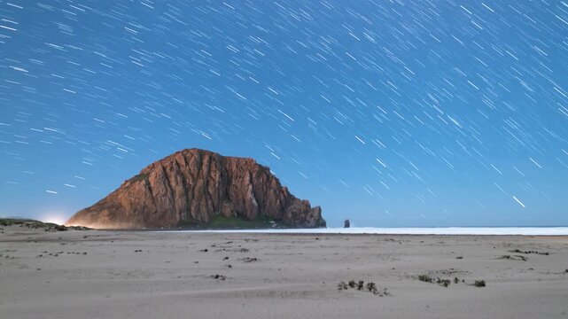 Morro Rock Star Trails Time Lapse Above Pacific Ocean Astrophotography Night Sky Time Lapse in California USA