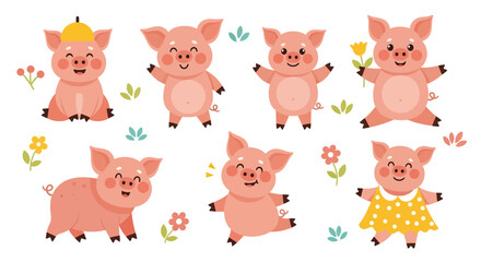 Adobe illustrator vector artwork set of cute pink pigs in various playful poses, adorned with flowers and leaves. Perfect for farm animals, children's designs, and cheerful themes