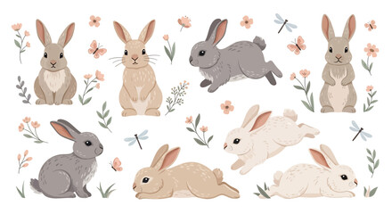 Adobe illustrator vector artwork set of cute rabbits in various poses, adorned with butterflies, flowers, and leaves. Perfect for spring, Easter, nature, and animal themes